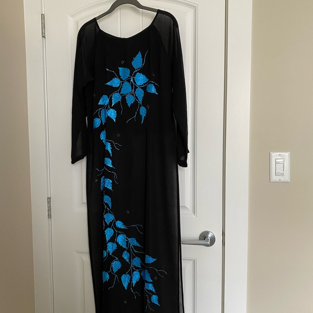 Ao Dai with Blue Leaf Artworks With Pants Set In Silky Black.